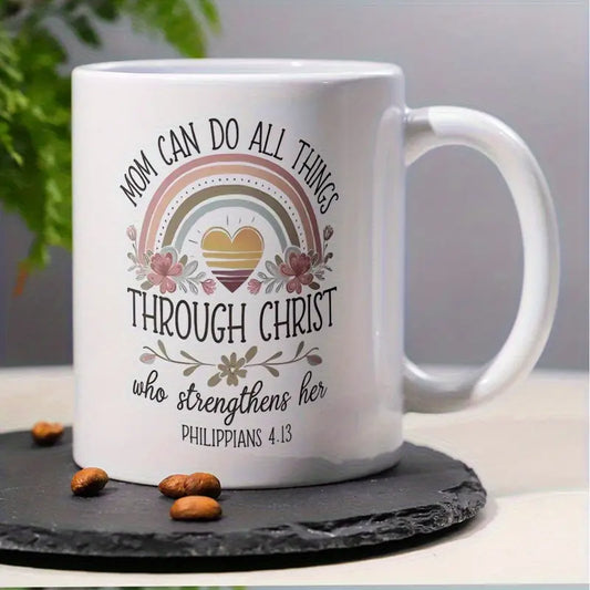 1pc 11oz Ceramic Coffee Mug - "Mom Can Do All Things Through Christ" Bible Verse (Philippians 4:13) with Rainbow & Floral Design, Insulated Reusable Cup, Dishwasher Safe - Inspirational Gift for Christian Moms, Wives, Grandmas