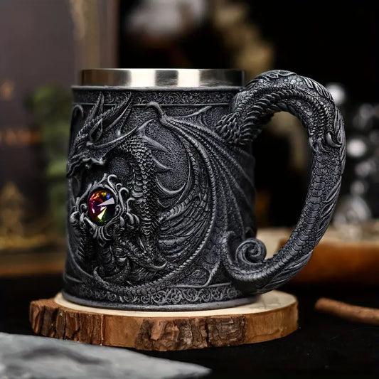 A stainless steel beer cup with a dragon statue, a 3D Western winged dragon mug and coffee cup, Christmas gift, Halloween tabletop decoration, cute dragon decoration bar water cup