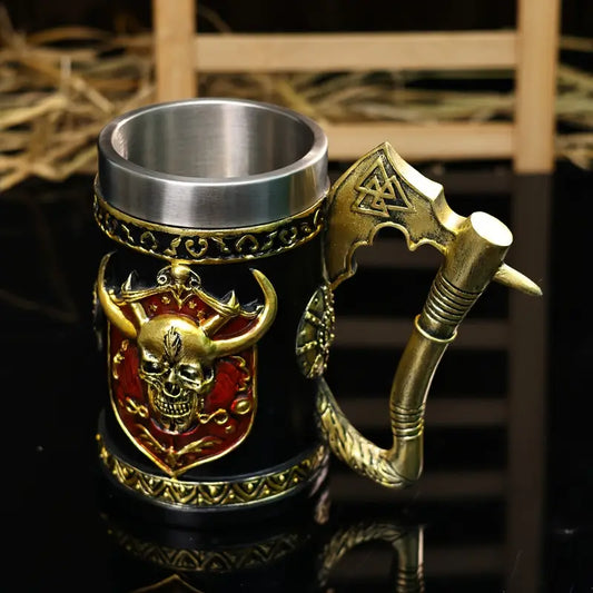 A large capacity 600ml beer glass, European medieval Viking pirate wine glass, Viking Axemark coffee cup, stainless steel water cup, Skull Mark coffee cup, Halloween gift