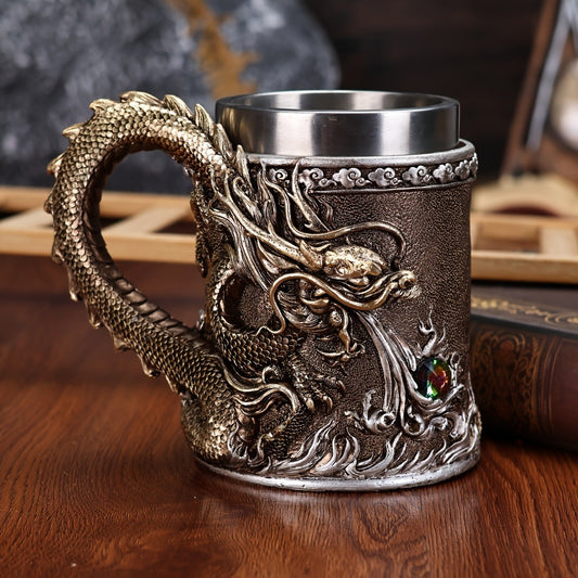 Stainless Steel Dragon Beer Mug - Large Capacity, Insulated Coffee Cup with Unique Oriental Dragon Design - Perfect for Cold Drinks, Ideal Christmas Gift