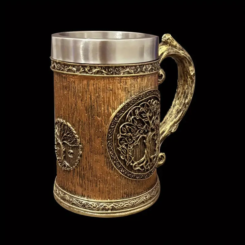 TREE BEER STEIN: 600ml Stainless Steel Mug with Tree of Life Design – Handcrafted Vintage Tankard for Ale & Beverages – Recyclable, Non-Slip, Multipurpose – Ideal for Christmas & Halloween Gifts