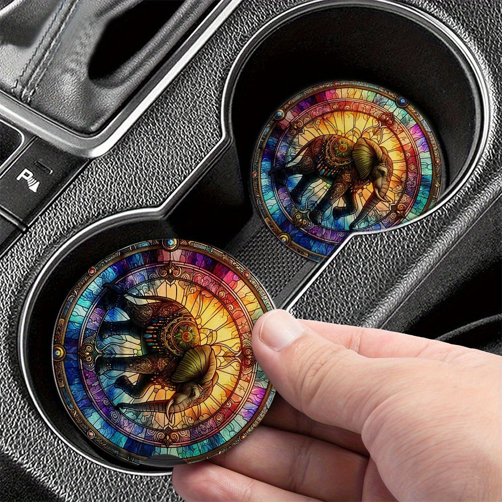 2pcs Stained Glass Style Marching Elephant Acrylic Car Coasters, Cup Holder with Finger Groove Mouth, 2.75 Inch Car Interior Coasters, Suitable for Car Interior Accessories, Gifts for Friends