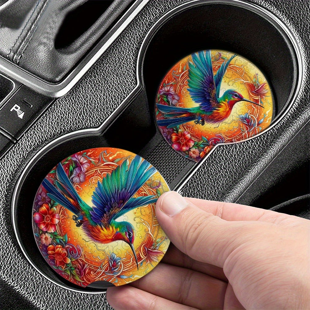2PCS Flowers and Hummingbird Acrylic Car Coasters, Cup Holder with Finger Groove Mouth, 2.75 Inch Car Interior Coasters, Suitable for Car Interior Accessories, Gifts for Friends