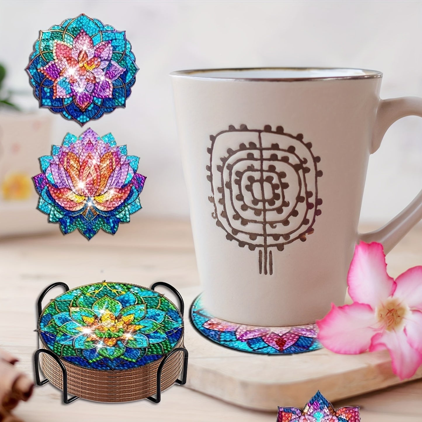8pcs Lotus Diamond Art Coasters with Holder, Diamond Painting Coasters Kits, Crafts Kits for DIY Coasters, Diamond Art Kit For Beginners, Adults Small Diamond Painting Kit Art Craft Supplies