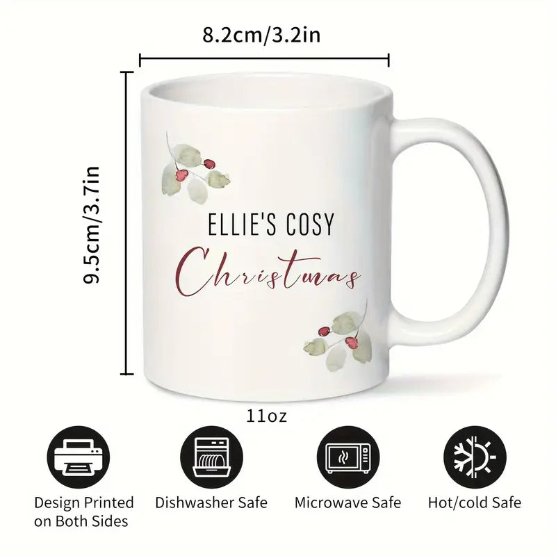 1pc Ellie's Cozy Christmas Ceramic Mug 11oz - Customized Festive Holly & Berry Design, BPA-Free Insulated Coffee Cup