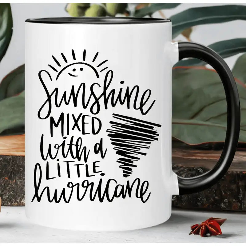1pc 11oz Insulated Ceramic Coffee Mug - Weather-Inspired "Sunshine Mixed with a Little Hurricane" Design, Reusable White Mug with Black Accents, Hand-Wash Only