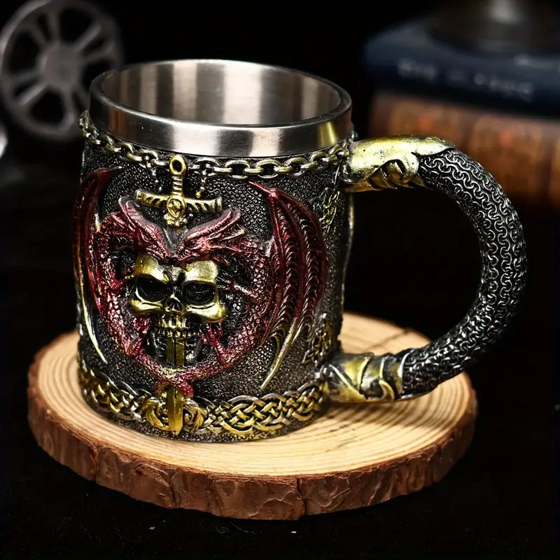 Holiday Ale, Dragon Warrior & Sword 3D Beer Mug - Stainless Steel Insulated Coffee Cup, Gothic Skull Design, Perfect for Halloween & Christmas Gifts