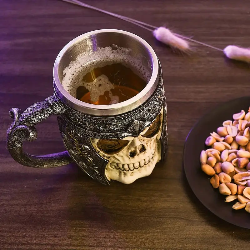 1pc Coffee Mug, Stainless Steel Viking Warrior Skull Beer Mugs Resin Stein Tankard Drink Cup, Gift For Men Birthday, Skull Lover, Halloween & Bar Decor