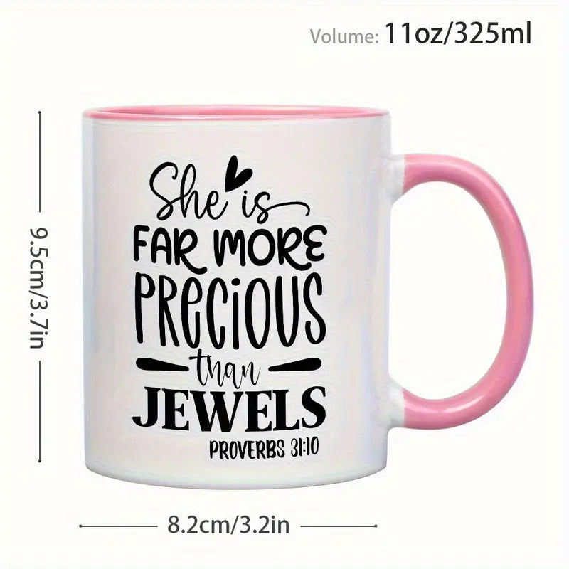1pc 11oz Inspirational Bible Verse Ceramic Mug - She is Far More Precious Than Jewels Proverbs White & Pink Contrast Design