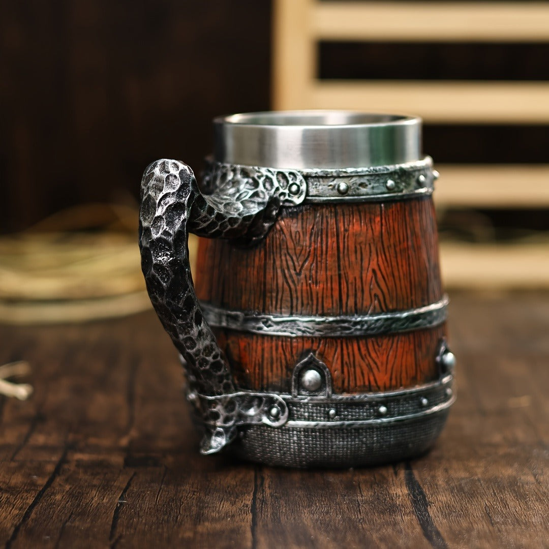 Handmade Barrel Design Beer Mug 20.29oz - Stainless Steel Insulated Coffee Mug - Striped Pattern & Snake Handle, Hand Wash Only - Reusable, Ideal for Family, Adult - Great for Christmas, Halloween, Easter, Thanksgiving, Father's Day Gifts