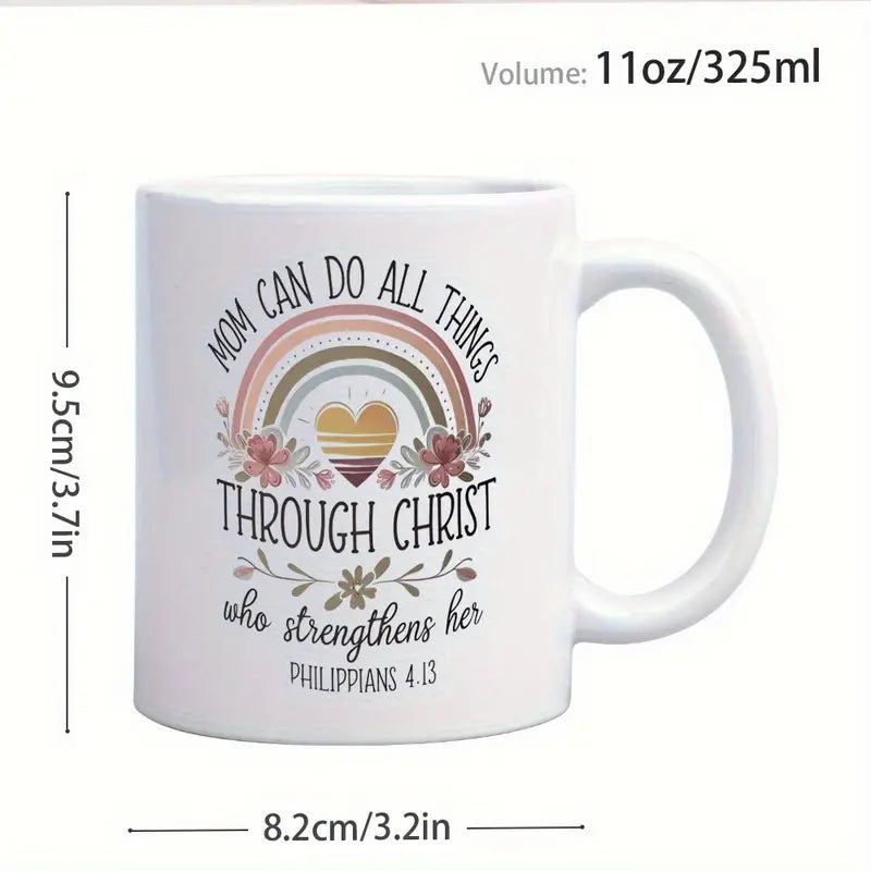 1pc 11oz Ceramic Coffee Mug - "Mom Can Do All Things Through Christ" Bible Verse (Philippians 4:13) with Rainbow & Floral Design, Insulated Reusable Cup, Dishwasher Safe - Inspirational Gift for Christian Moms, Wives, Grandmas