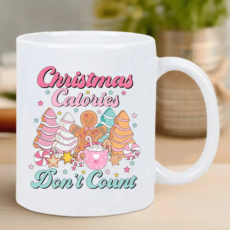 1pc Festive Christmas Mug - "Calories Don't Count" Design with Gingerbread Men & Candy Canes - Reusable, Insulated, Hand-Wash Only