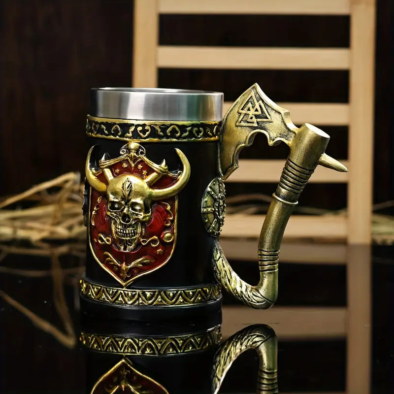 A large capacity 600ml beer glass, European medieval Viking pirate wine glass, Viking Axemark coffee cup, stainless steel water cup, Skull Mark coffee cup, Halloween gift