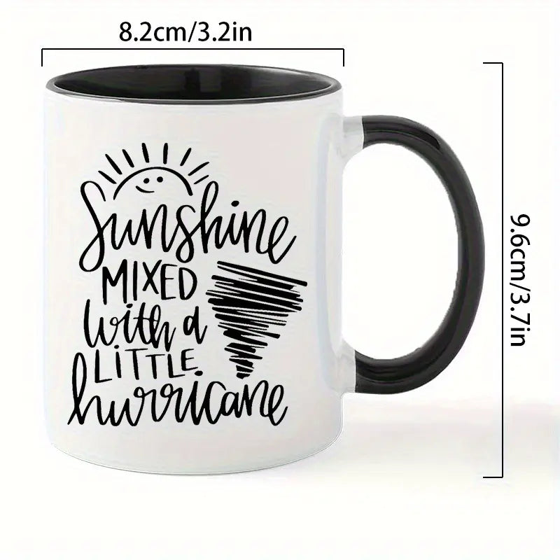 1pc 11oz Insulated Ceramic Coffee Mug - Weather-Inspired "Sunshine Mixed with a Little Hurricane" Design, Reusable White Mug with Black Accents, Hand-Wash Only