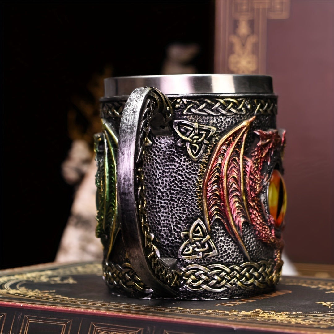 Fantasy Dragon Eye Stainless Steel Mug - Insulated, Hand-Wash Only, Gothic Style Coffee Cup with Ornate Handle & Celtic Design - Ideal for Home Decor & Halloween Gifts, Gift Mug|Decorative Coffee Mug|Durable Drinkware, Coffee Bar Accessories