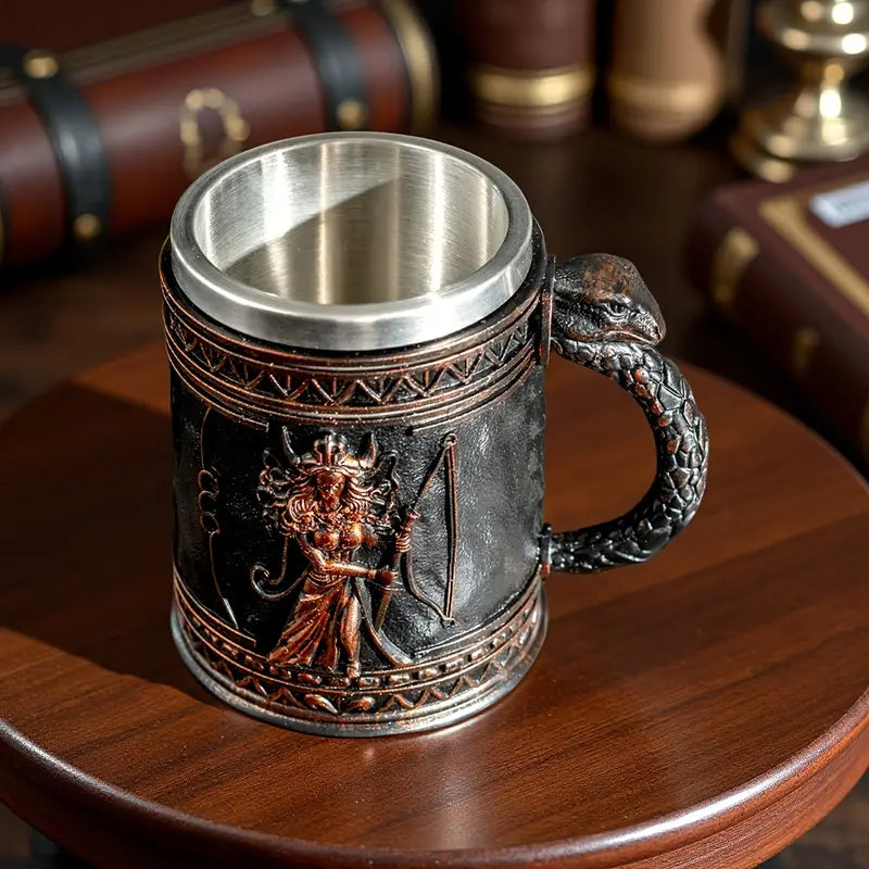 Medusa Greek Mythology Stainless Steel Beer Mug with Resin Accents - Insulated Non-Slip Oval Cup for Coffee, Beer & Wine - Reusable Gift for Halloween, Christmas, Father’s Day, Mother’s Day, Festive Drinkware