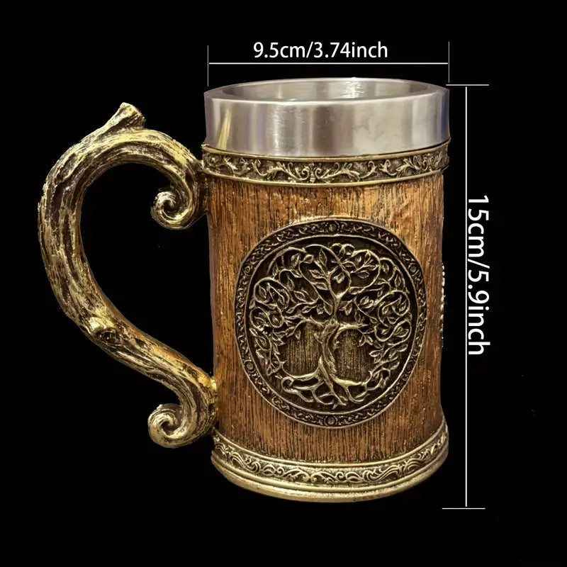 TREE BEER STEIN: 600ml Stainless Steel Mug with Tree of Life Design – Handcrafted Vintage Tankard for Ale & Beverages – Recyclable, Non-Slip, Multipurpose – Ideal for Christmas & Halloween Gifts