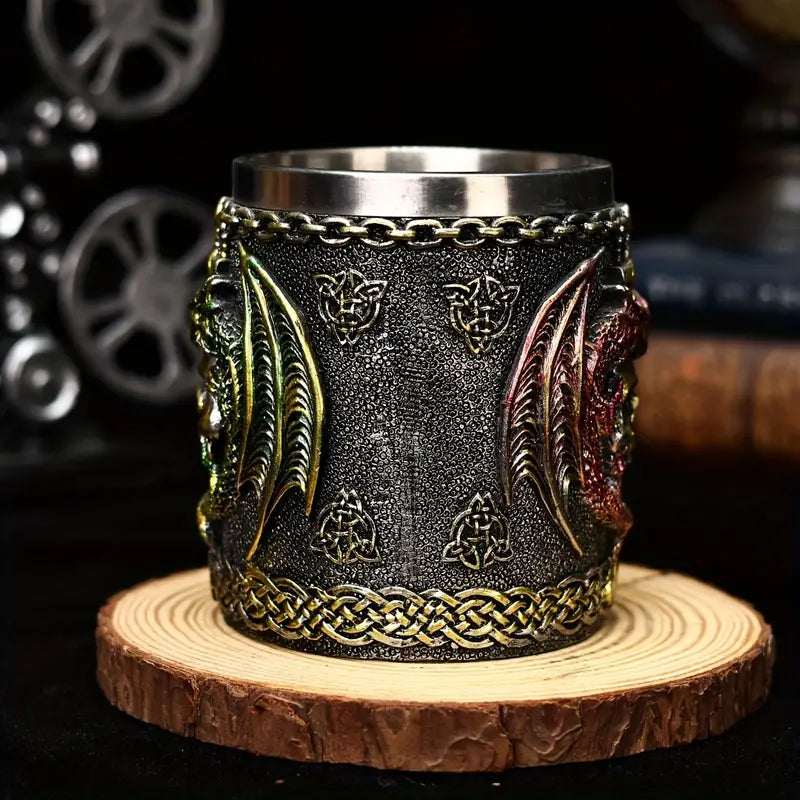 Holiday Ale, Dragon Warrior & Sword 3D Beer Mug - Stainless Steel Insulated Coffee Cup, Gothic Skull Design, Perfect for Halloween & Christmas Gifts