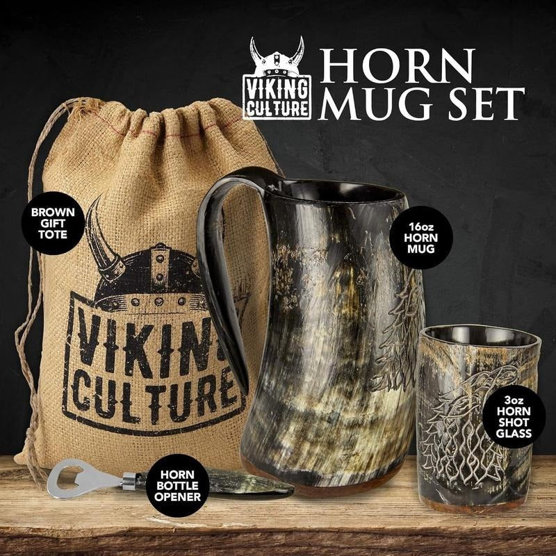 Vintage Viking Beer Mug Set – 3pcs Set with 16 oz. Wolf/ Fenrir Engraved Mug, 3 oz. Shot Glass, and Bottle Opener Drinkware Cup