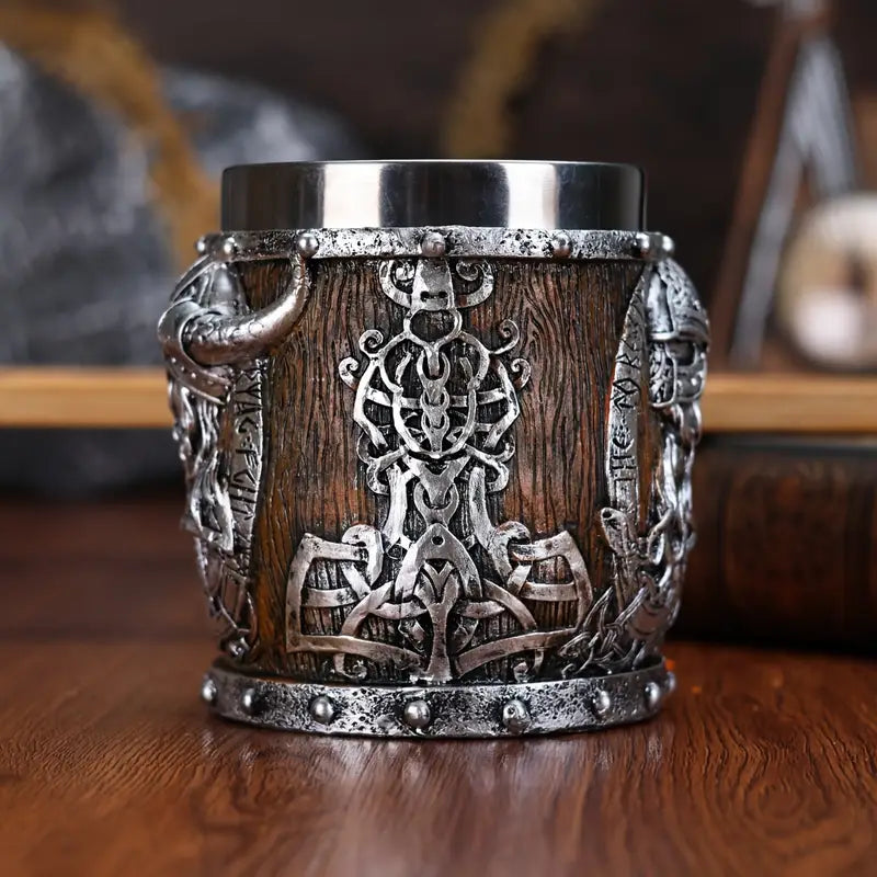 A Norse Mythology Viking Pirate Mark Coffee Cup, Stainless Steel Viking Beer Cup, 3D Viking Themed Pirate Water Cup, Christmas Gift