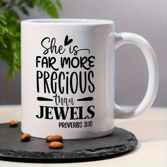 1pc 11oz Inspirational Bible Verse Ceramic Mug - She is Far More Precious Than Jewels Proverbs White & Pink Contrast Design
