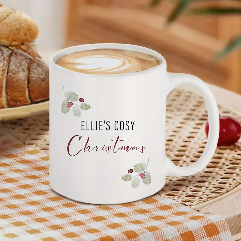 1pc Ellie's Cozy Christmas Ceramic Mug 11oz - Customized Festive Holly & Berry Design, BPA-Free Insulated Coffee Cup