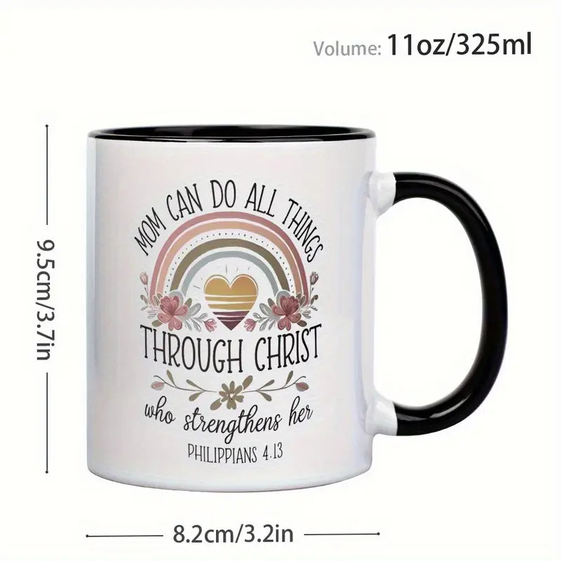 1pc 11oz Ceramic Coffee Mug - "Mom Can Do All Things Through Christ" Bible Verse (Philippians 4:13) with Rainbow & Floral Design, Insulated Reusable Cup, Dishwasher Safe - Inspirational Gift for Christian Moms, Wives, Grandmas