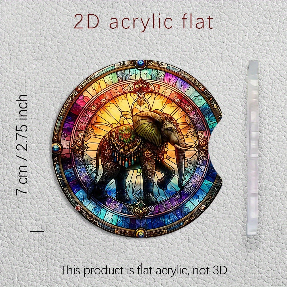 2pcs Stained Glass Style Marching Elephant Acrylic Car Coasters, Cup Holder with Finger Groove Mouth, 2.75 Inch Car Interior Coasters, Suitable for Car Interior Accessories, Gifts for Friends
