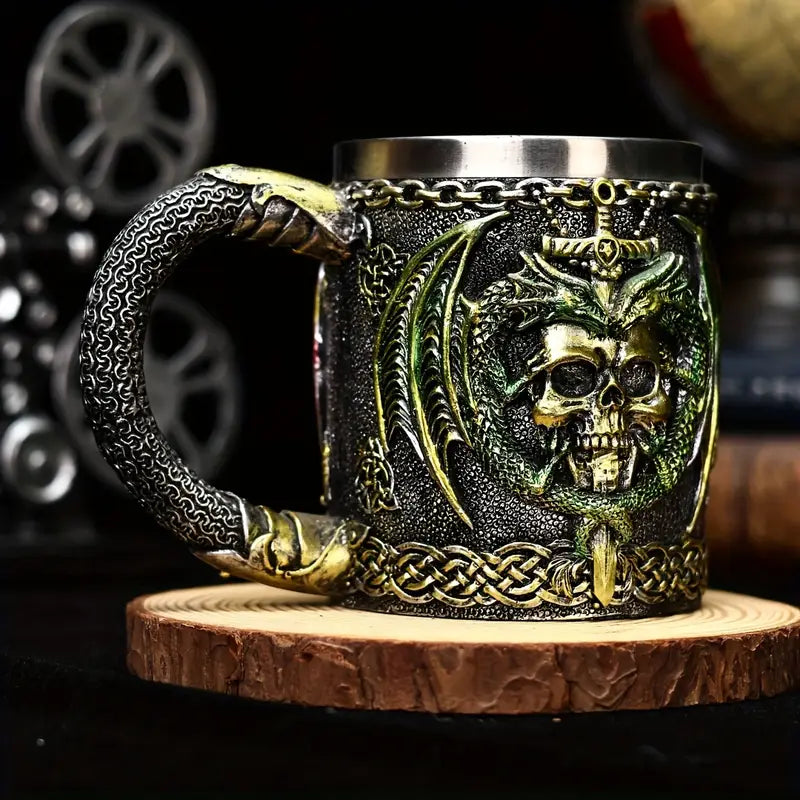 Holiday Ale, Dragon Warrior & Sword 3D Beer Mug - Stainless Steel Insulated Coffee Cup, Gothic Skull Design, Perfect for Halloween & Christmas Gifts