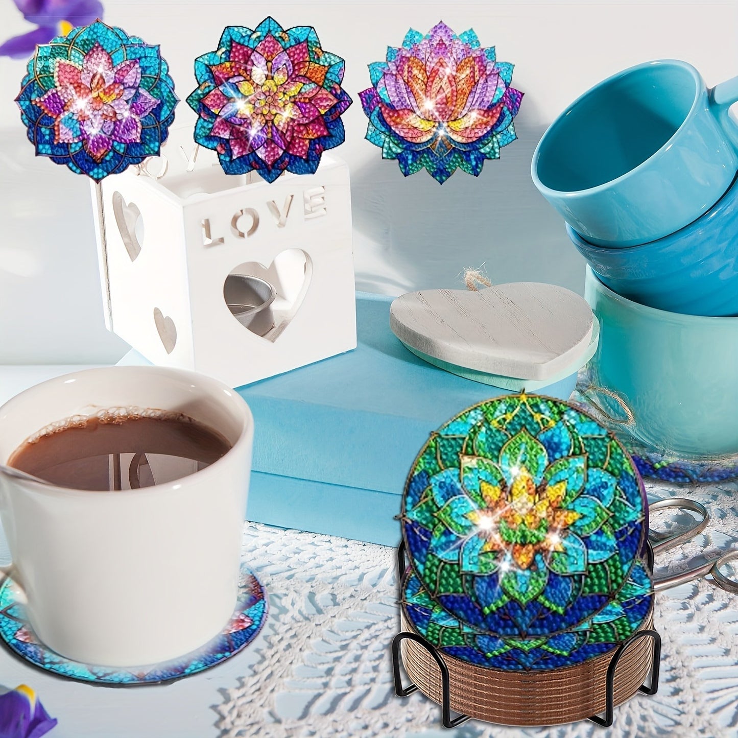 8pcs Lotus Diamond Art Coasters with Holder, Diamond Painting Coasters Kits, Crafts Kits for DIY Coasters, Diamond Art Kit For Beginners, Adults Small Diamond Painting Kit Art Craft Supplies