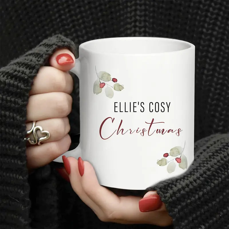 1pc Ellie's Cozy Christmas Ceramic Mug 11oz - Customized Festive Holly & Berry Design, BPA-Free Insulated Coffee Cup