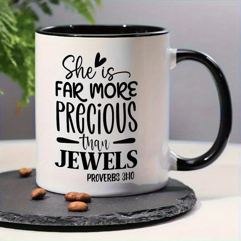 1pc 11oz Inspirational Bible Verse Ceramic Mug - She is Far More Precious Than Jewels Proverbs White & Pink Contrast Design