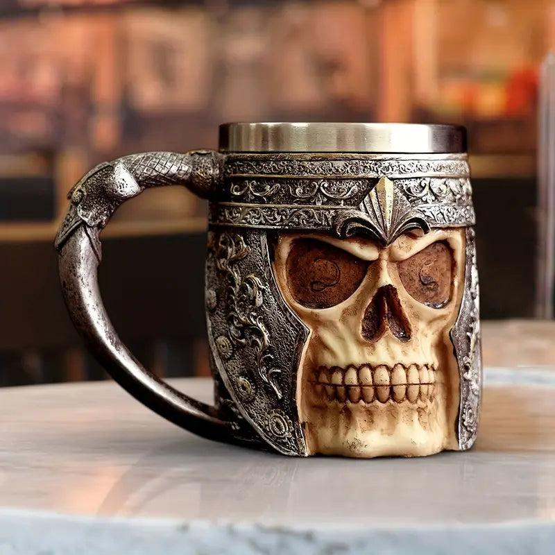 1pc Coffee Mug, Stainless Steel Viking Warrior Skull Beer Mugs Resin Stein Tankard Drink Cup, Gift For Men Birthday, Skull Lover, Halloween & Bar Decor