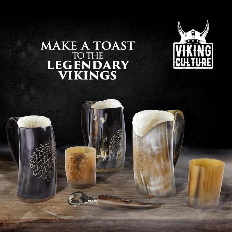 Vintage Viking Beer Mug Set – 3pcs Set with 16 oz. Wolf/ Fenrir Engraved Mug, 3 oz. Shot Glass, and Bottle Opener Drinkware Cup
