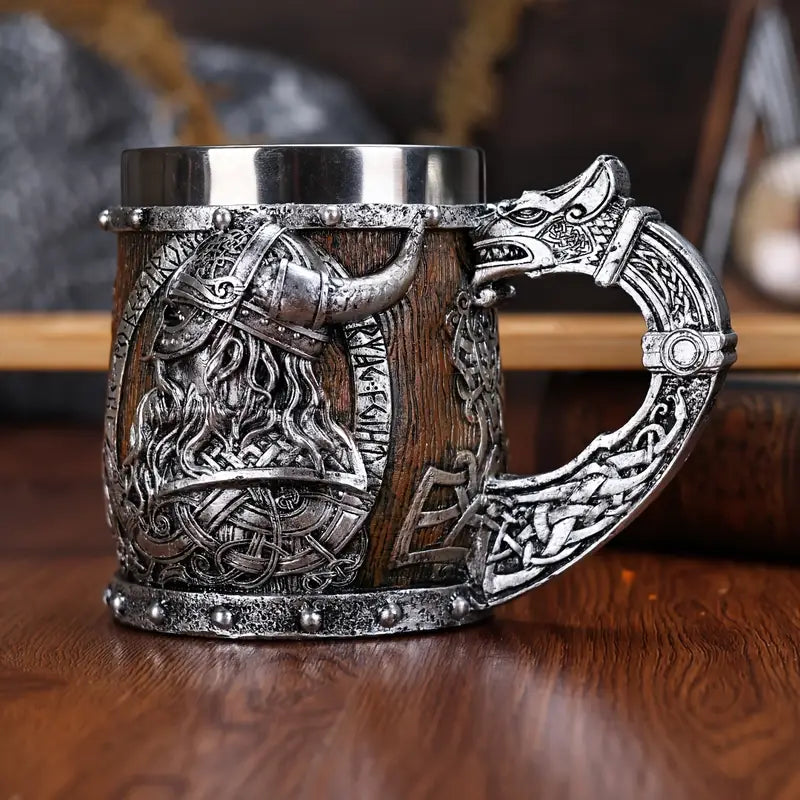 A Norse Mythology Viking Pirate Mark Coffee Cup, Stainless Steel Viking Beer Cup, 3D Viking Themed Pirate Water Cup, Christmas Gift