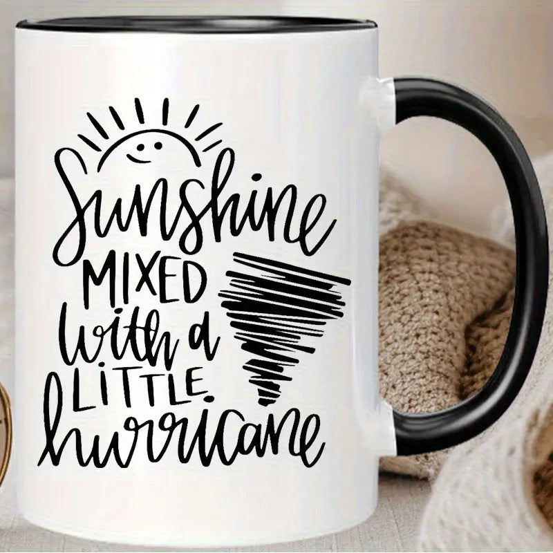 1pc 11oz Insulated Ceramic Coffee Mug - Weather-Inspired "Sunshine Mixed with a Little Hurricane" Design, Reusable White Mug with Black Accents, Hand-Wash Only