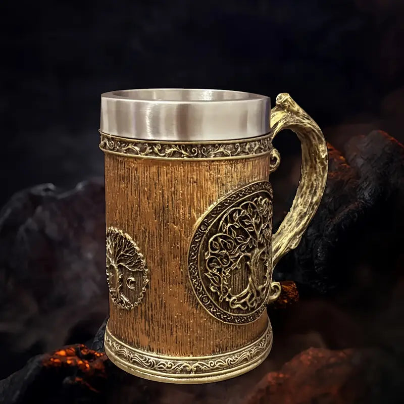 TREE BEER STEIN: 600ml Stainless Steel Mug with Tree of Life Design – Handcrafted Vintage Tankard for Ale & Beverages – Recyclable, Non-Slip, Multipurpose – Ideal for Christmas & Halloween Gifts