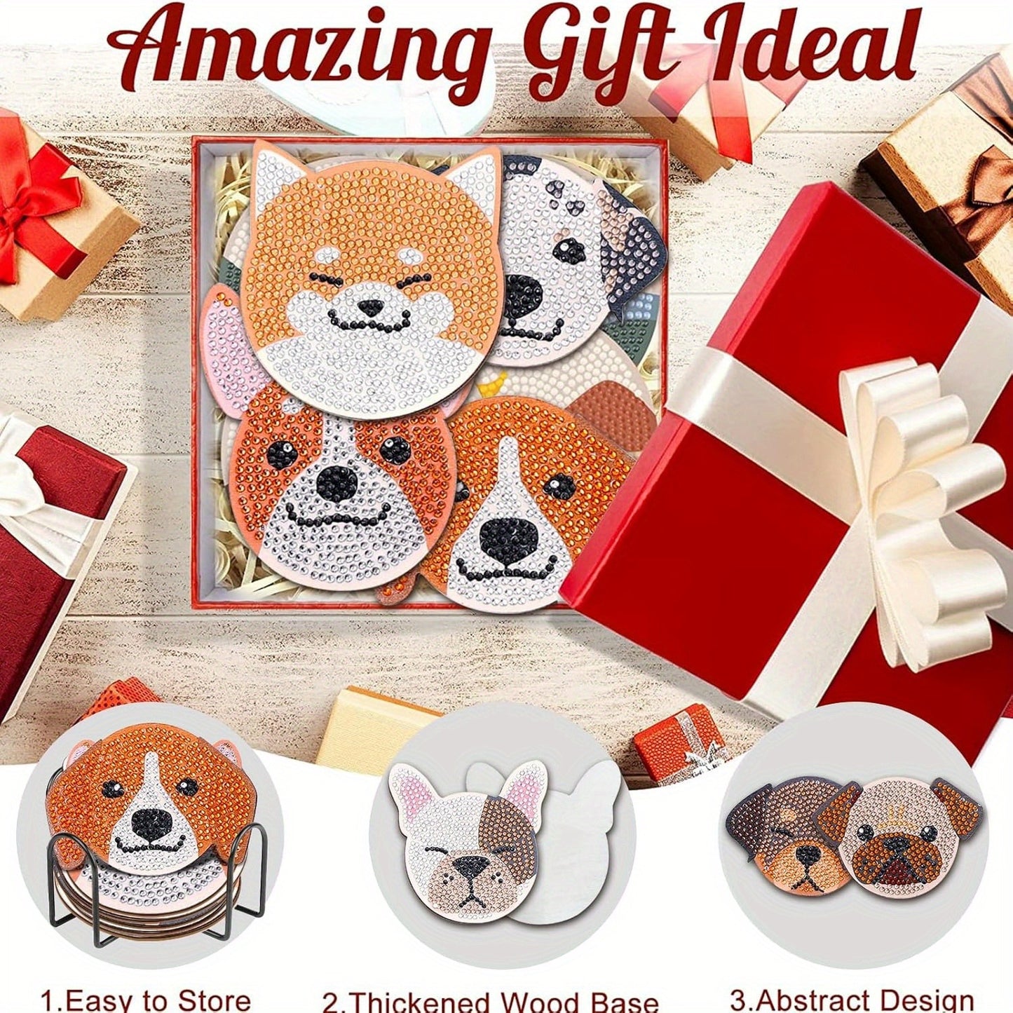 10 Pieces Dog Shaped Diamond Painting Coaster Set DIY Pet Dog with Stand, Art Craft Supplies Gift for Beginners and Adults