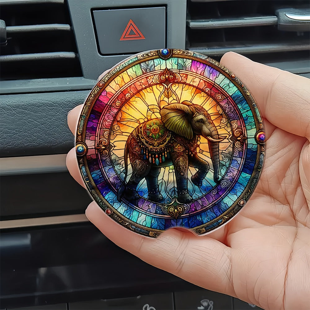 2pcs Stained Glass Style Marching Elephant Acrylic Car Coasters, Cup Holder with Finger Groove Mouth, 2.75 Inch Car Interior Coasters, Suitable for Car Interior Accessories, Gifts for Friends