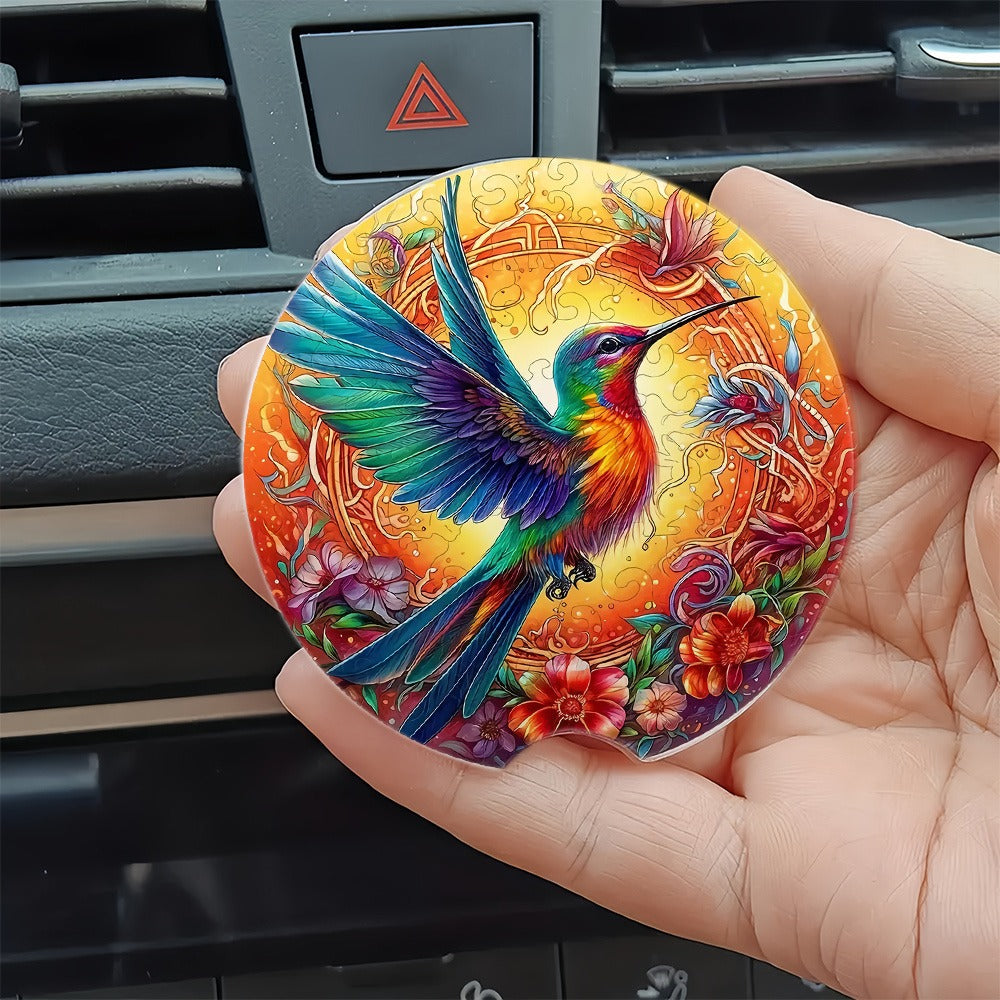2PCS Flowers and Hummingbird Acrylic Car Coasters, Cup Holder with Finger Groove Mouth, 2.75 Inch Car Interior Coasters, Suitable for Car Interior Accessories, Gifts for Friends