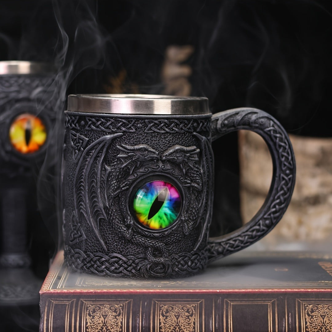 Fantasy Dragon Eye Stainless Steel Mug - Insulated, Hand-Wash Only, Gothic Style Coffee Cup with Ornate Handle & Celtic Design - Ideal for Home Decor & Halloween Gifts, Gift Mug|Decorative Coffee Mug|Durable Drinkware, Coffee Bar Accessories