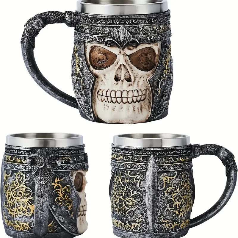 1pc Coffee Mug, Stainless Steel Viking Warrior Skull Beer Mugs Resin Stein Tankard Drink Cup, Gift For Men Birthday, Skull Lover, Halloween & Bar Decor