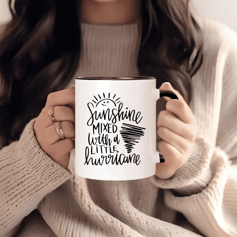 1pc 11oz Insulated Ceramic Coffee Mug - Weather-Inspired "Sunshine Mixed with a Little Hurricane" Design, Reusable White Mug with Black Accents, Hand-Wash Only