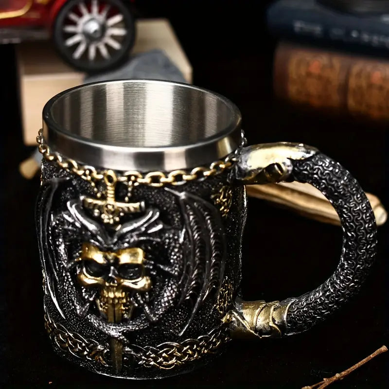 Holiday Ale, Dragon Warrior & Sword 3D Beer Mug - Stainless Steel Insulated Coffee Cup, Gothic Skull Design, Perfect for Halloween & Christmas Gifts