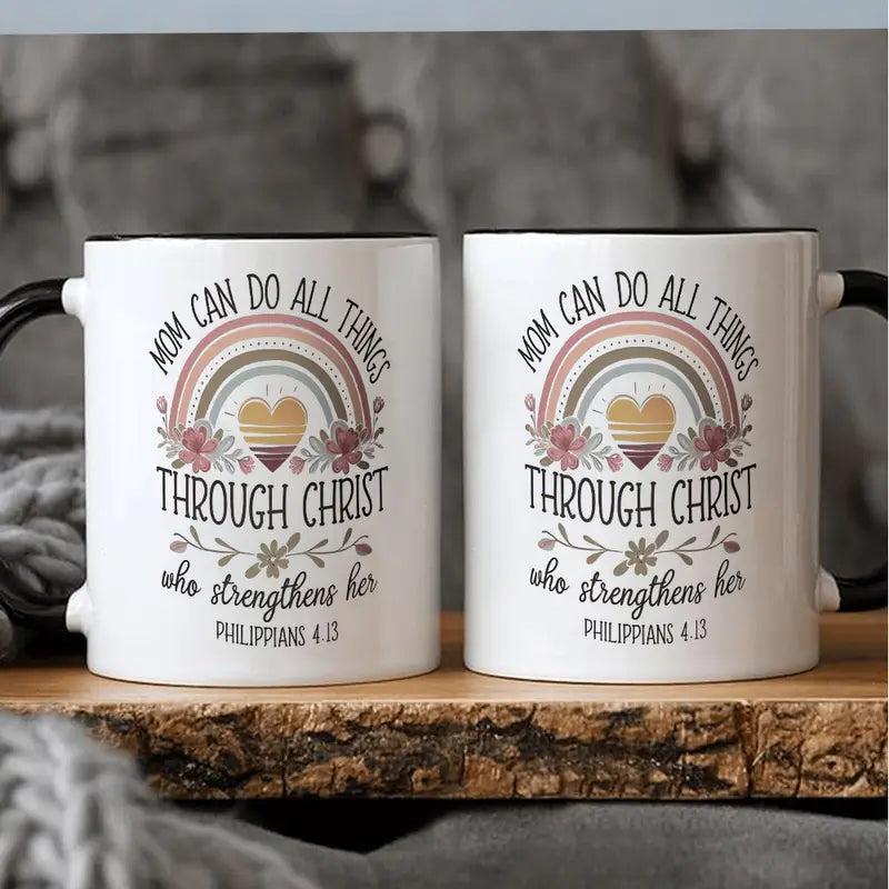 1pc 11oz Ceramic Coffee Mug - "Mom Can Do All Things Through Christ" Bible Verse (Philippians 4:13) with Rainbow & Floral Design, Insulated Reusable Cup, Dishwasher Safe - Inspirational Gift for Christian Moms, Wives, Grandmas