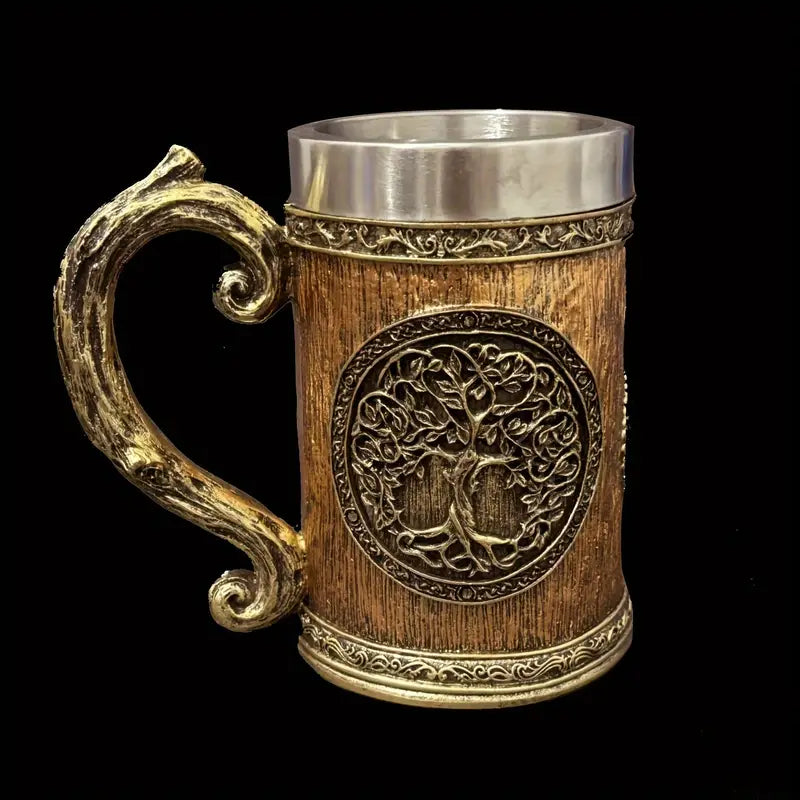 TREE BEER STEIN: 600ml Stainless Steel Mug with Tree of Life Design – Handcrafted Vintage Tankard for Ale & Beverages – Recyclable, Non-Slip, Multipurpose – Ideal for Christmas & Halloween Gifts