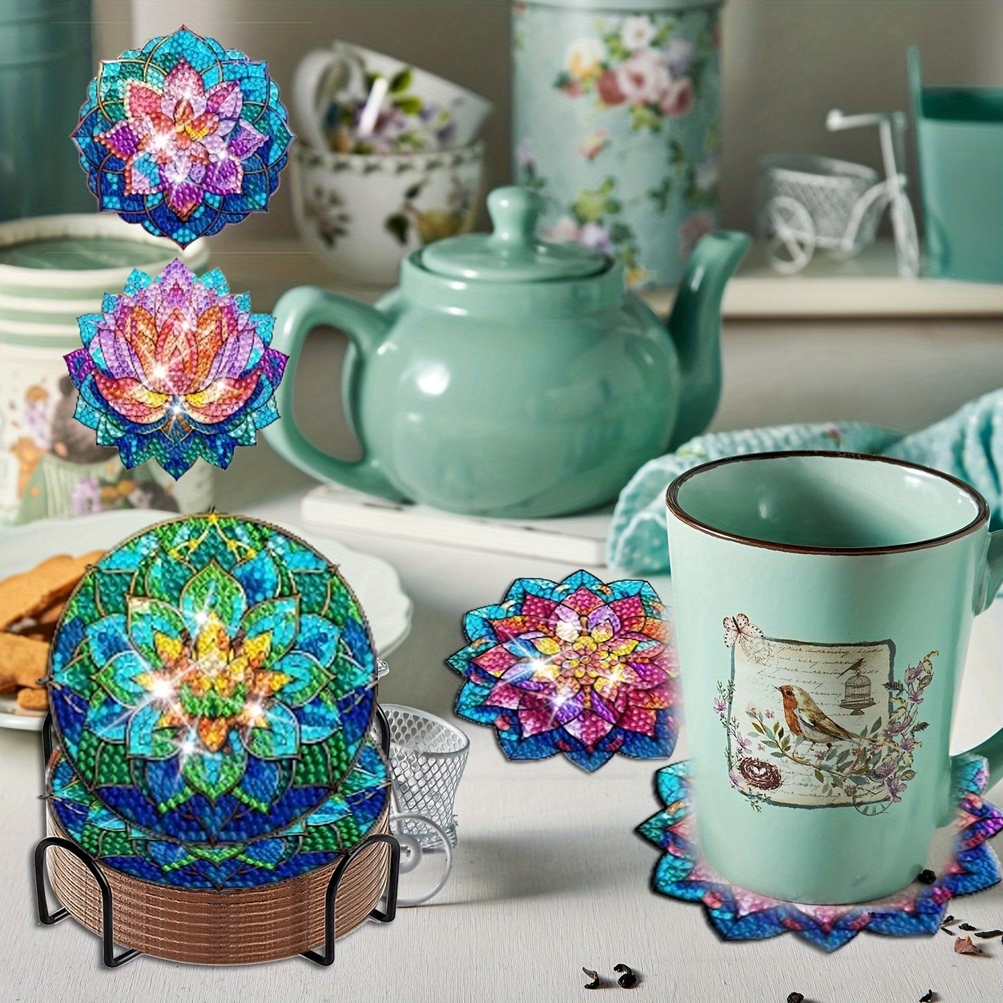 8pcs Lotus Diamond Art Coasters with Holder, Diamond Painting Coasters Kits, Crafts Kits for DIY Coasters, Diamond Art Kit For Beginners, Adults Small Diamond Painting Kit Art Craft Supplies