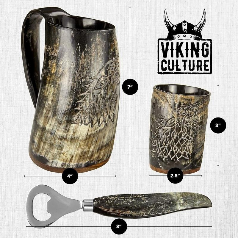 Vintage Viking Beer Mug Set – 3pcs Set with 16 oz. Wolf/ Fenrir Engraved Mug, 3 oz. Shot Glass, and Bottle Opener Drinkware Cup