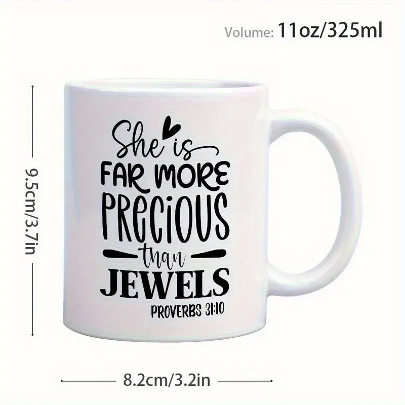 1pc 11oz Inspirational Bible Verse Ceramic Mug - She is Far More Precious Than Jewels Proverbs White & Pink Contrast Design