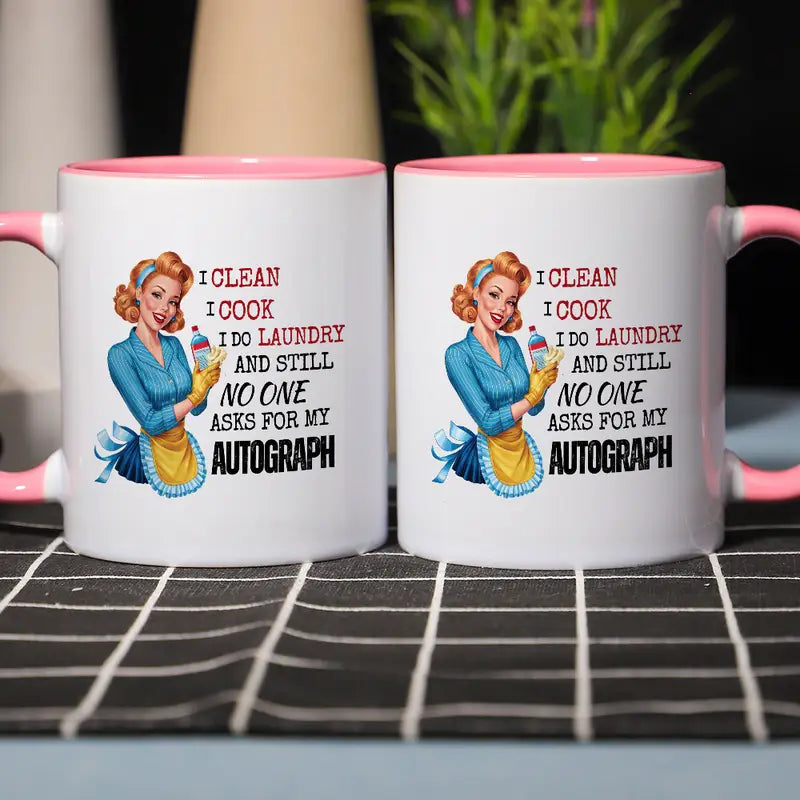 1pc Retro Lady Coffee Mug, 11oz Ceramic, "I Clean, I Cook, I Do Laundry and Still No One Asks for My Autograph" - Funny & Cute Design with Vintage-Inspired Illustration
